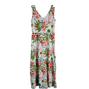 Talbots green pink tropical parrot stretch midi summer dress small